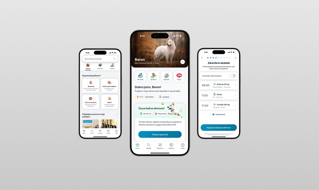 Baron smart pet care app — onboarding, pet health profile and sitter marketplace screens