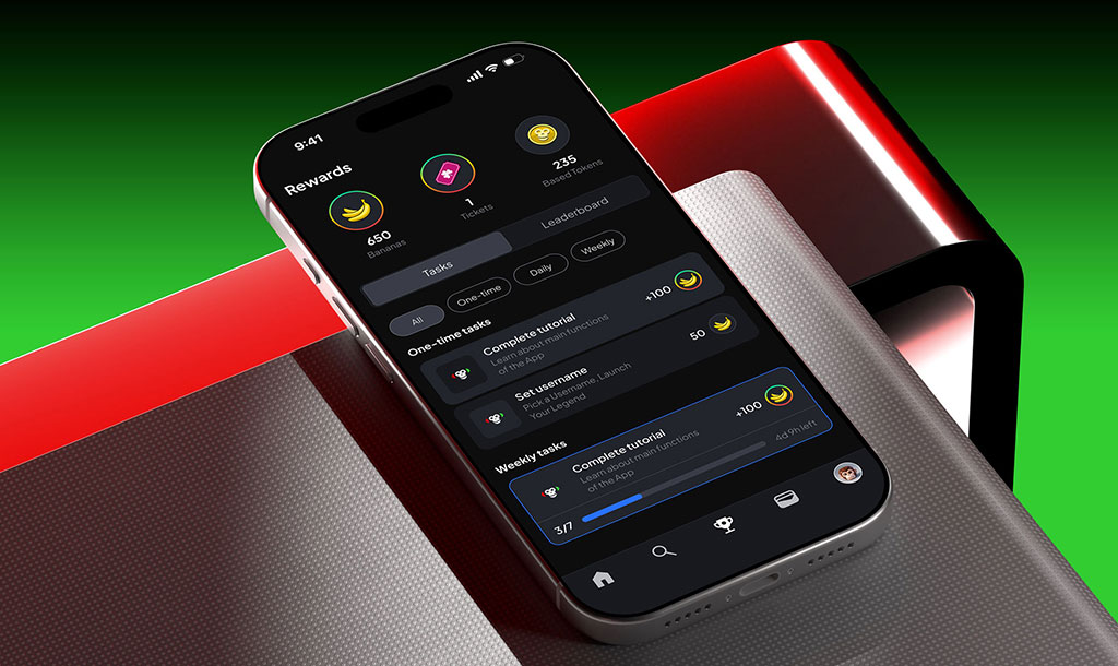 Based app screens — vertical trend feed with BASED/CRINGE trading controls and position tracker