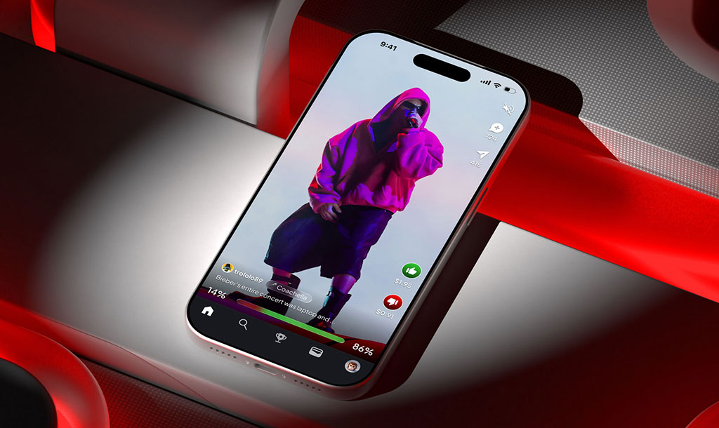Based app feed view — full-screen trend video with BASED/CRINGE voting controls and live sentiment bar