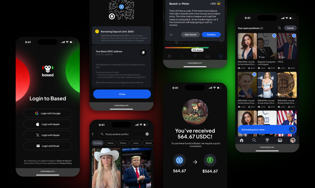 Based app screens collage — login, wallet deposit, onboarding tutorial, explore feed, USDC conversion and open positions