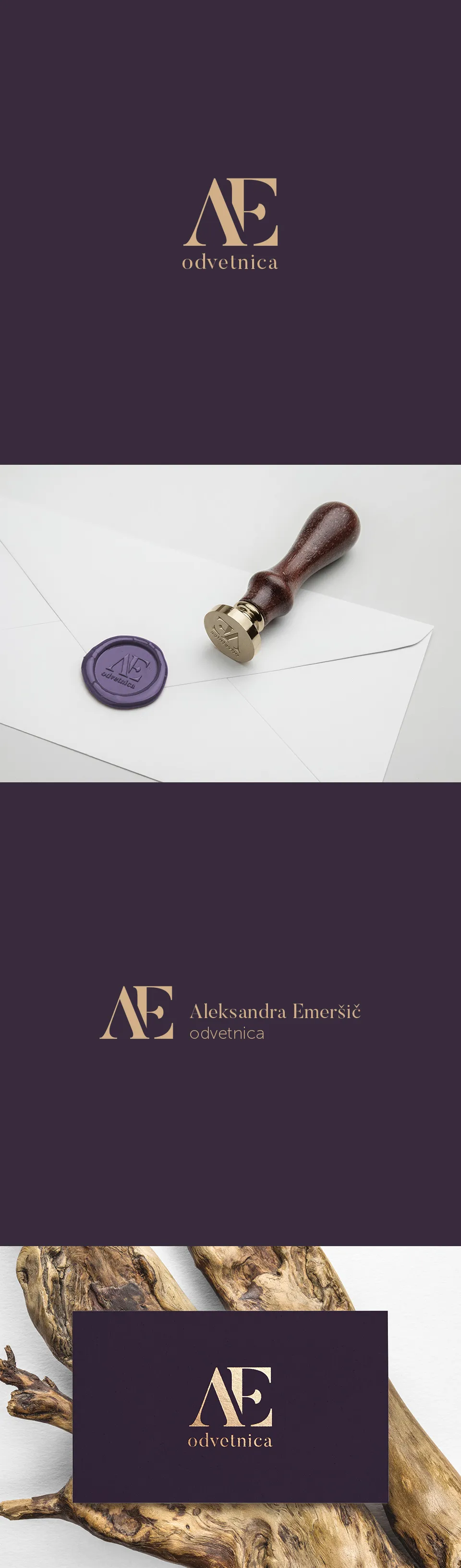Attorney branding for Aleksandra Emeršič: gold AE monogram on deep aubergine with wax-seal stamp