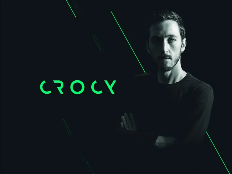 Crocy logotype in neon green on black beside a monochrome portrait