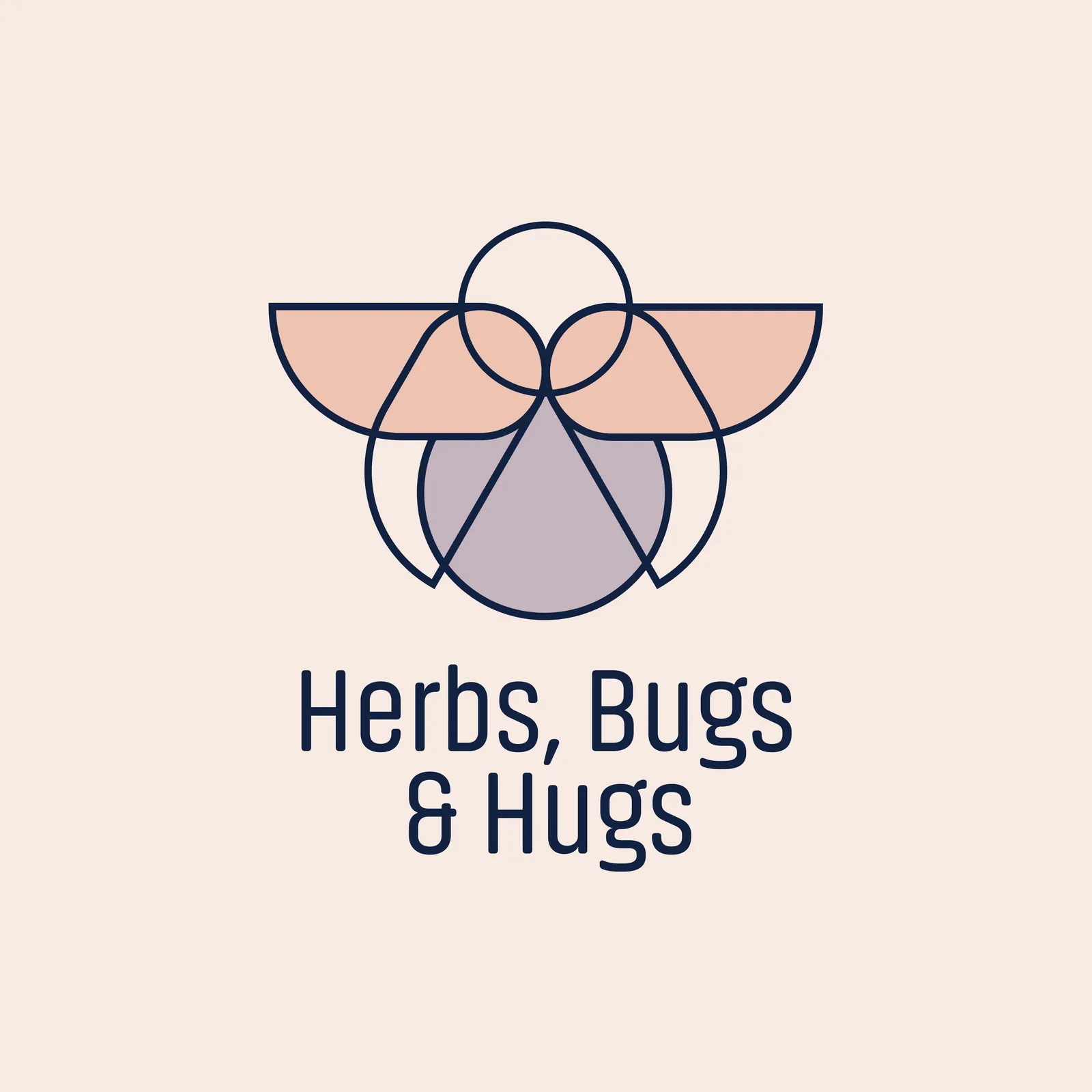 Herbs, Bugs and Hugs logo: geometric line-art beetle in peach, mauve and navy on cream