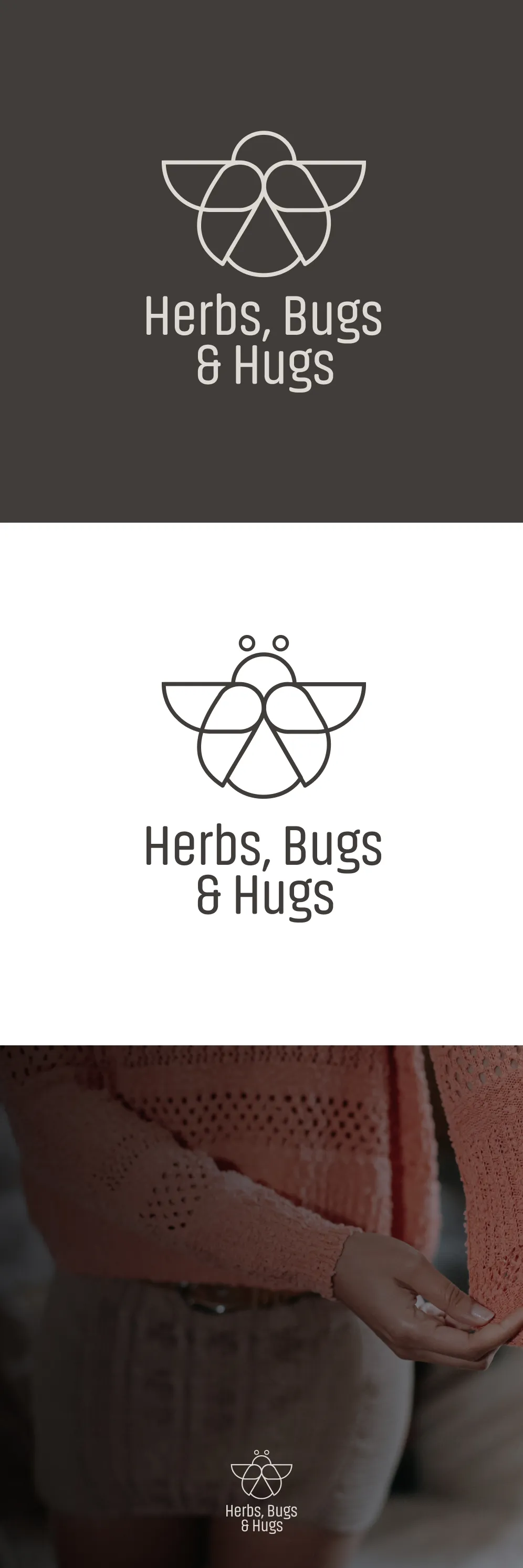 Herbs, Bugs and Hugs logo presentation across dark, white and lifestyle-photo panels