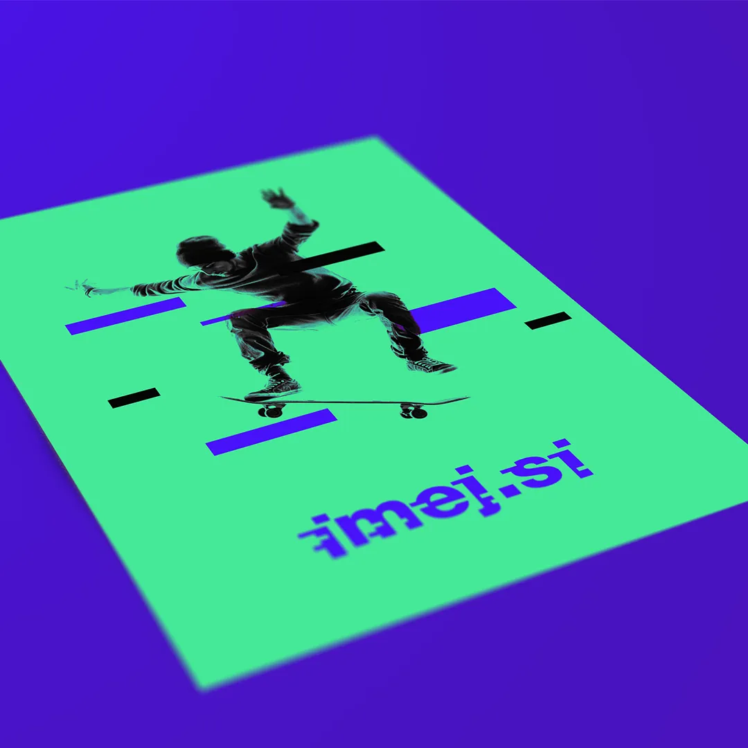 imej.si skateboard poster mockup, mint green with a purple skater silhouette