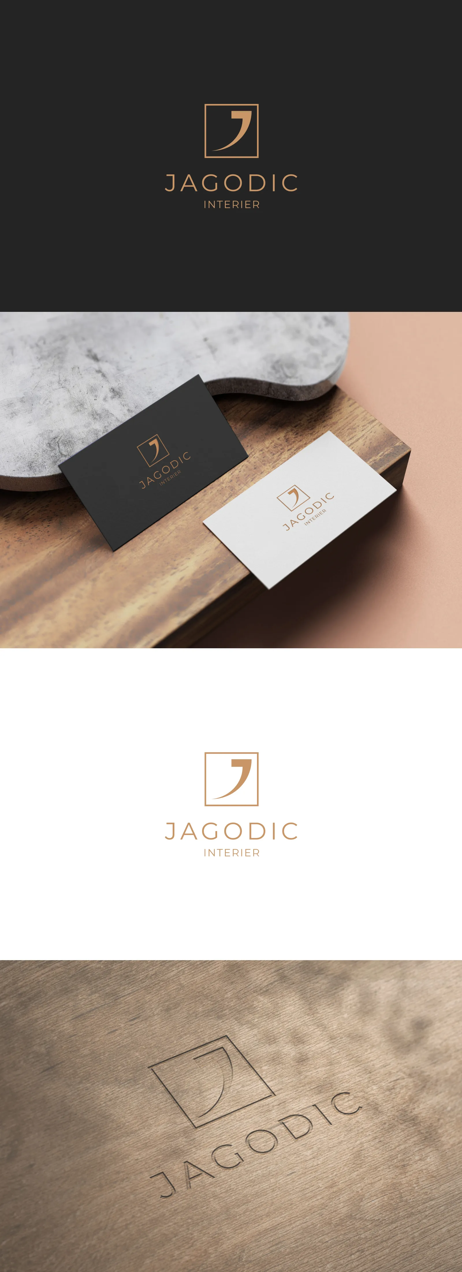 Jagodic Interier logo presentation: gold J-in-frame mark on dark card, white card and wood engraving