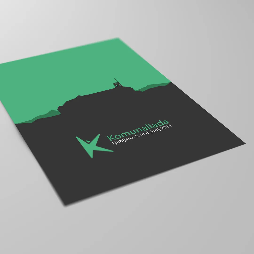 Komunaliada 2015 event poster mockup, green and dark grey with Ljubljana castle silhouette
