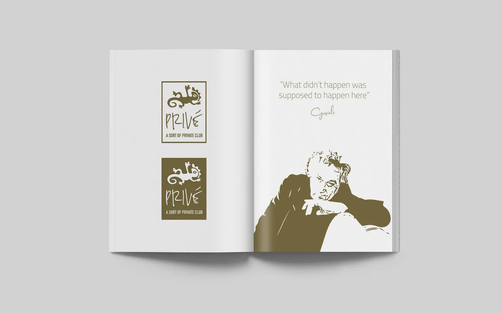 Prive brand book spread in olive-gold on white with quote and duotone portrait