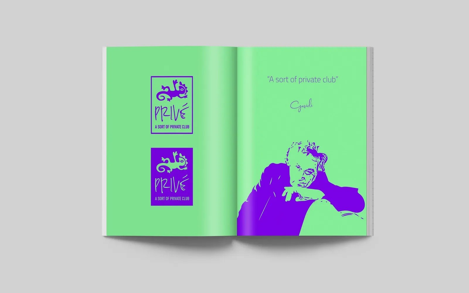 Prive brand book spread, purple gecko logo on vivid green with a portrait illustration