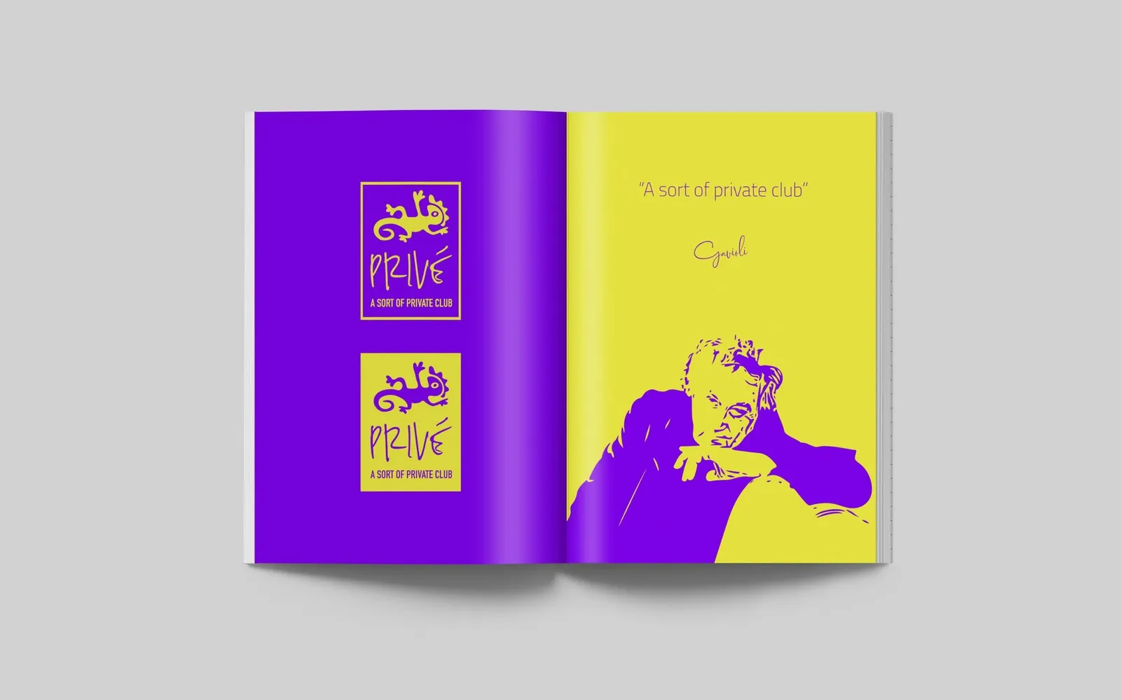 Prive brand book spread with purple and yellow pages and duotone portrait illustration