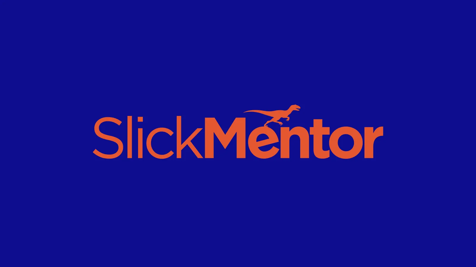 SlickMentor logo, orange wordmark with raptor icon on a deep blue background