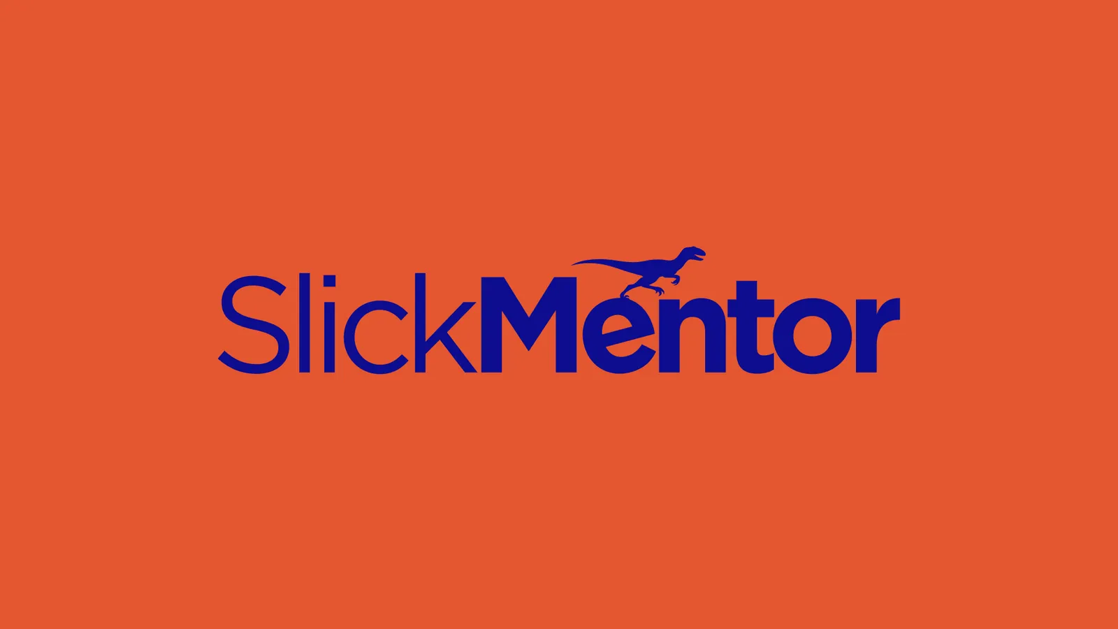 SlickMentor logo, navy wordmark with raptor icon on a bright orange background