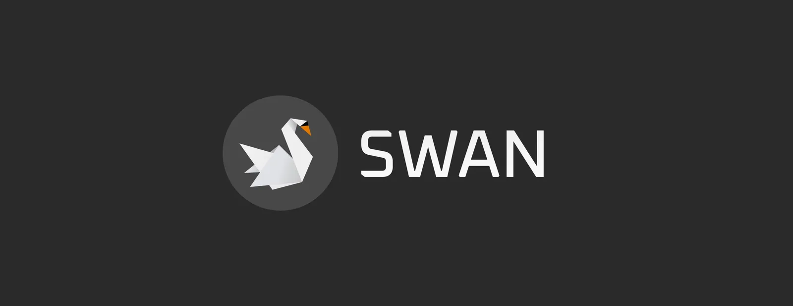Swan logo on charcoal: origami swan mark in a circle beside a bold SWAN wordmark