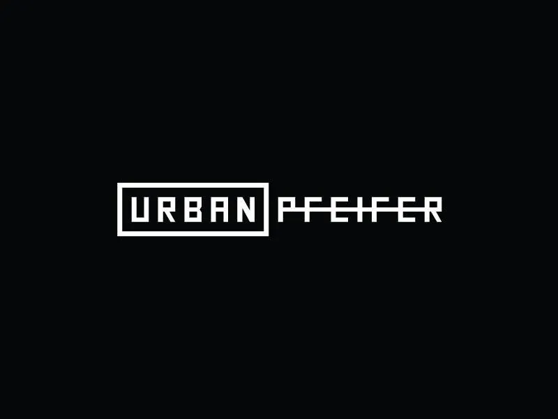 Urban Pfeifer wordmark in white boxed geometric type on black