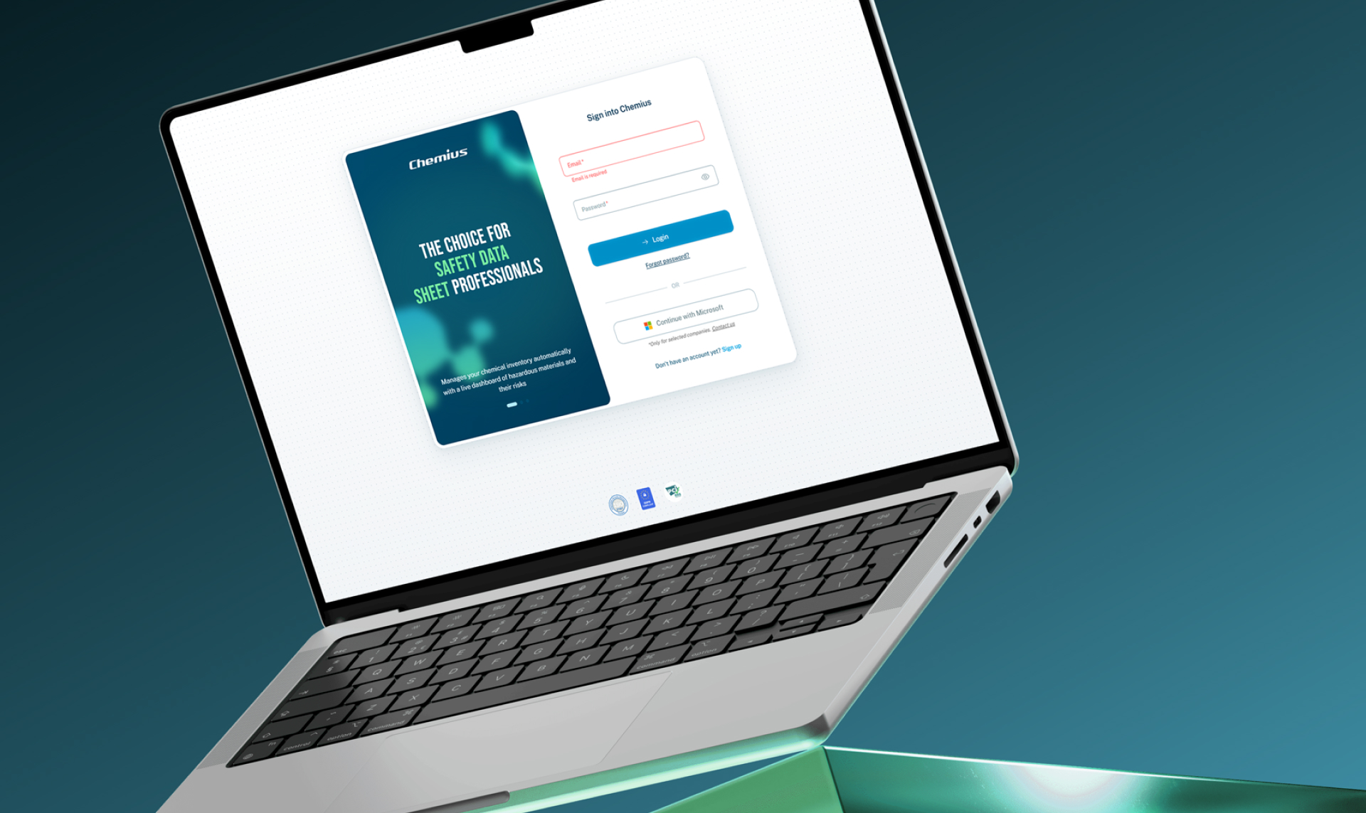 Chemius — sign-in screen for the chemical regulatory platform on a laptop, with brand artwork and the tagline The choice for safety data sheet professionals