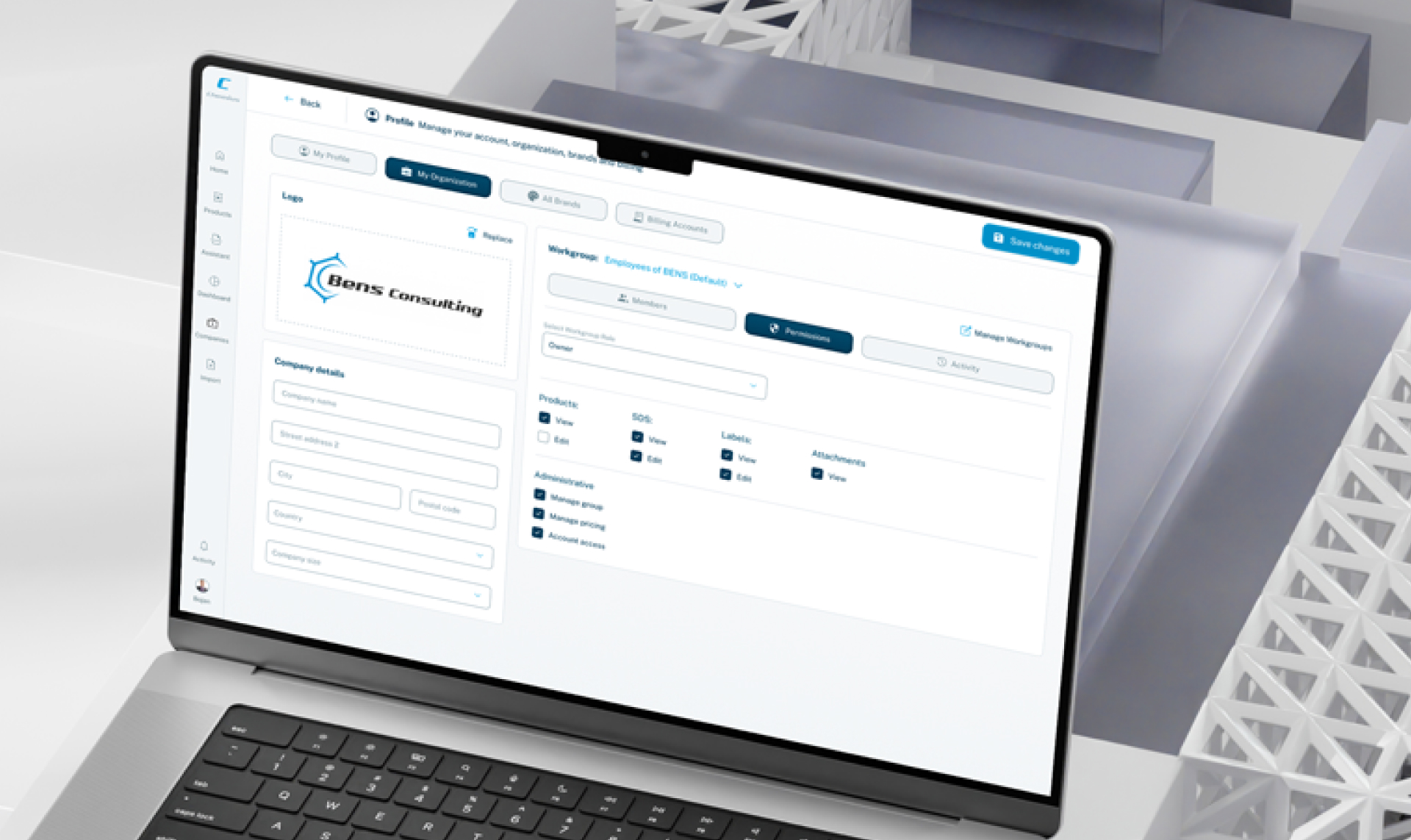 Chemius profile and organisation settings — workgroup permissions matrix for products, SDS, labels and attachments, with Bens Consulting branding visible