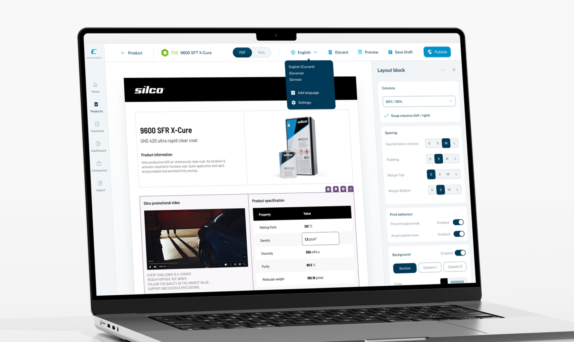 Chemius technical data sheet editor — Silco-branded TDS layout with columns, product specification table and a layout panel for spacing, padding and print behaviour