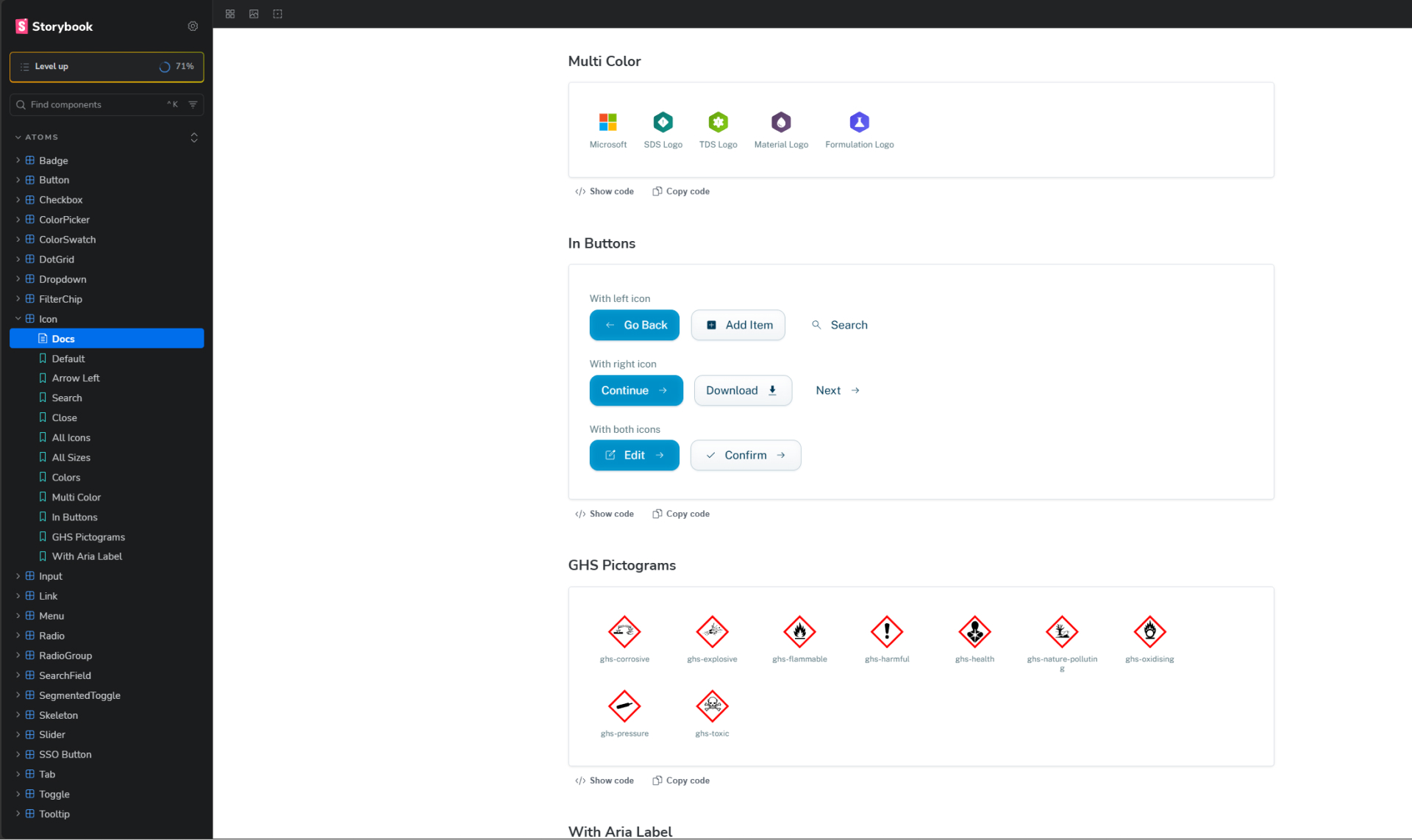 Chemius Storybook — Atoms list including Button, Checkbox, Dropdown and Tooltip, with documentation showing icon variants in buttons and a row of GHS chemical hazard pictograms