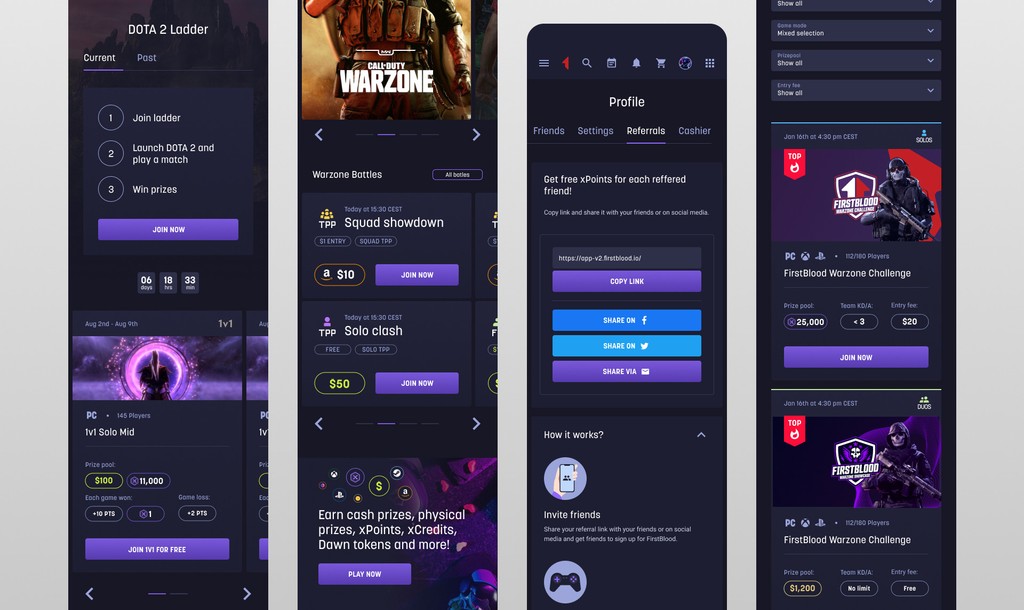 FirstBlood iOS screens showing DOTA 2 Ladder, Warzone battles, referral program, and profile views