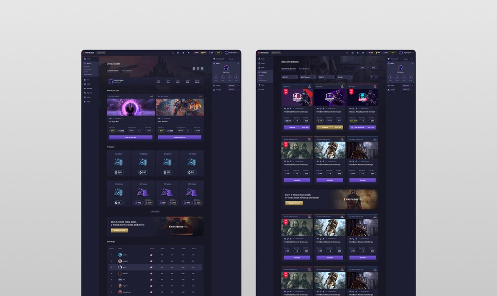 FirstBlood web platform — Dota 2 Ladder with weekly matches and prize pools alongside Warzone Battles tournament grid