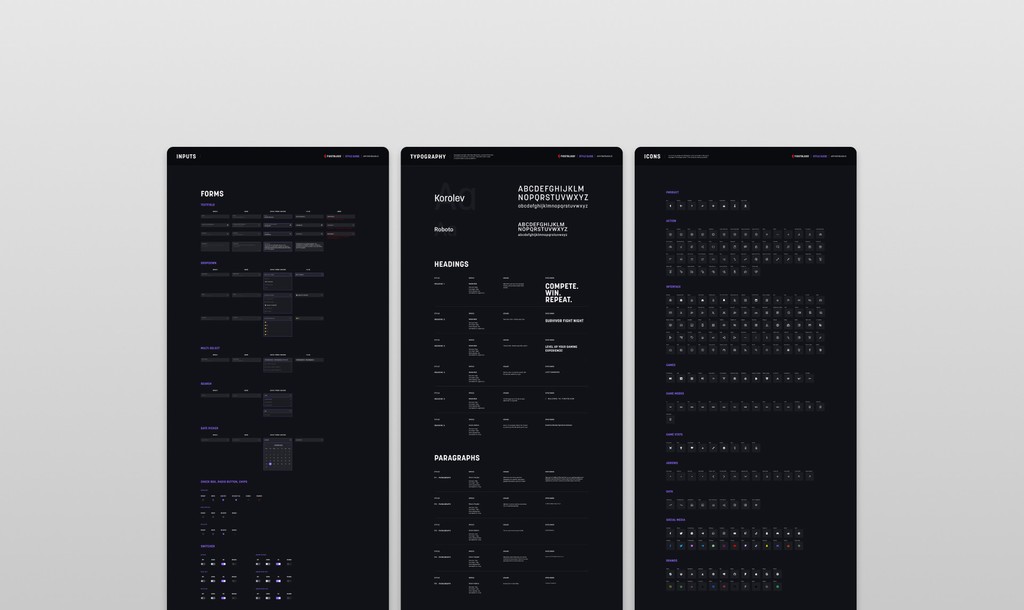 FirstBlood design system — form inputs and date pickers, Korolev and Roboto typography scales, and complete icon library