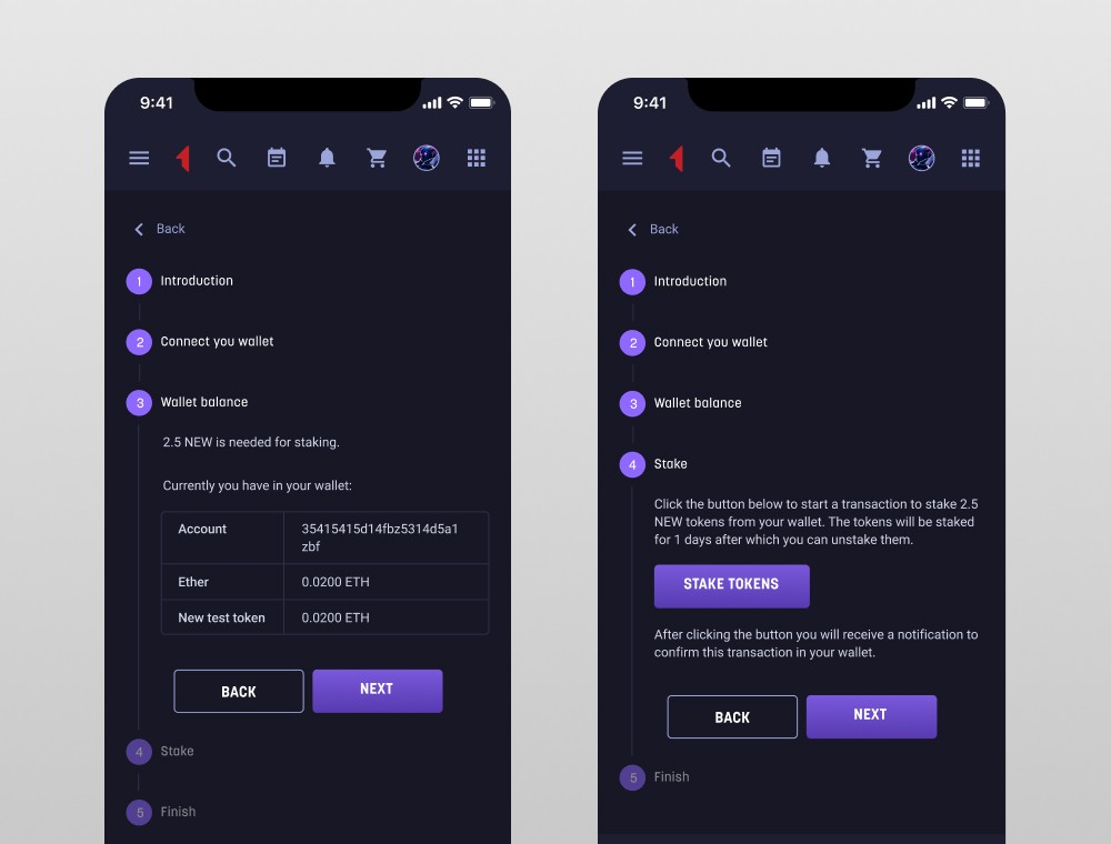 FirstBlood iOS token staking flow — wallet balance check and stake confirmation steps for NEW token