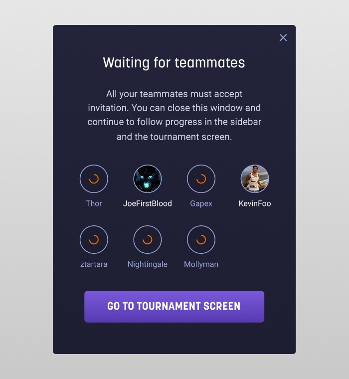 FirstBlood waiting for teammates modal — loading spinners for each invited player before tournament check-in