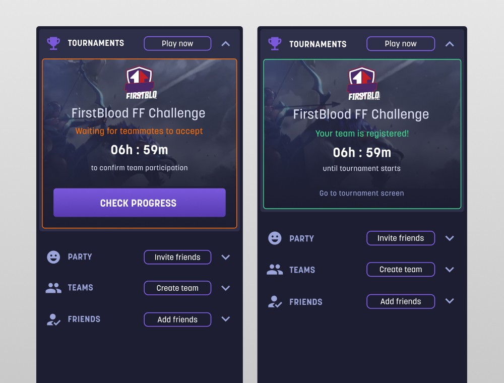 FirstBlood tournament check-in states — waiting for teammates vs team registered