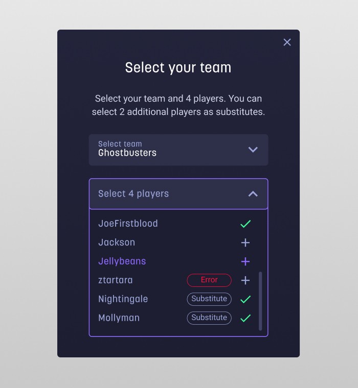 FirstBlood team selection modal — pick team, select 4 players with substitutes, error and status states