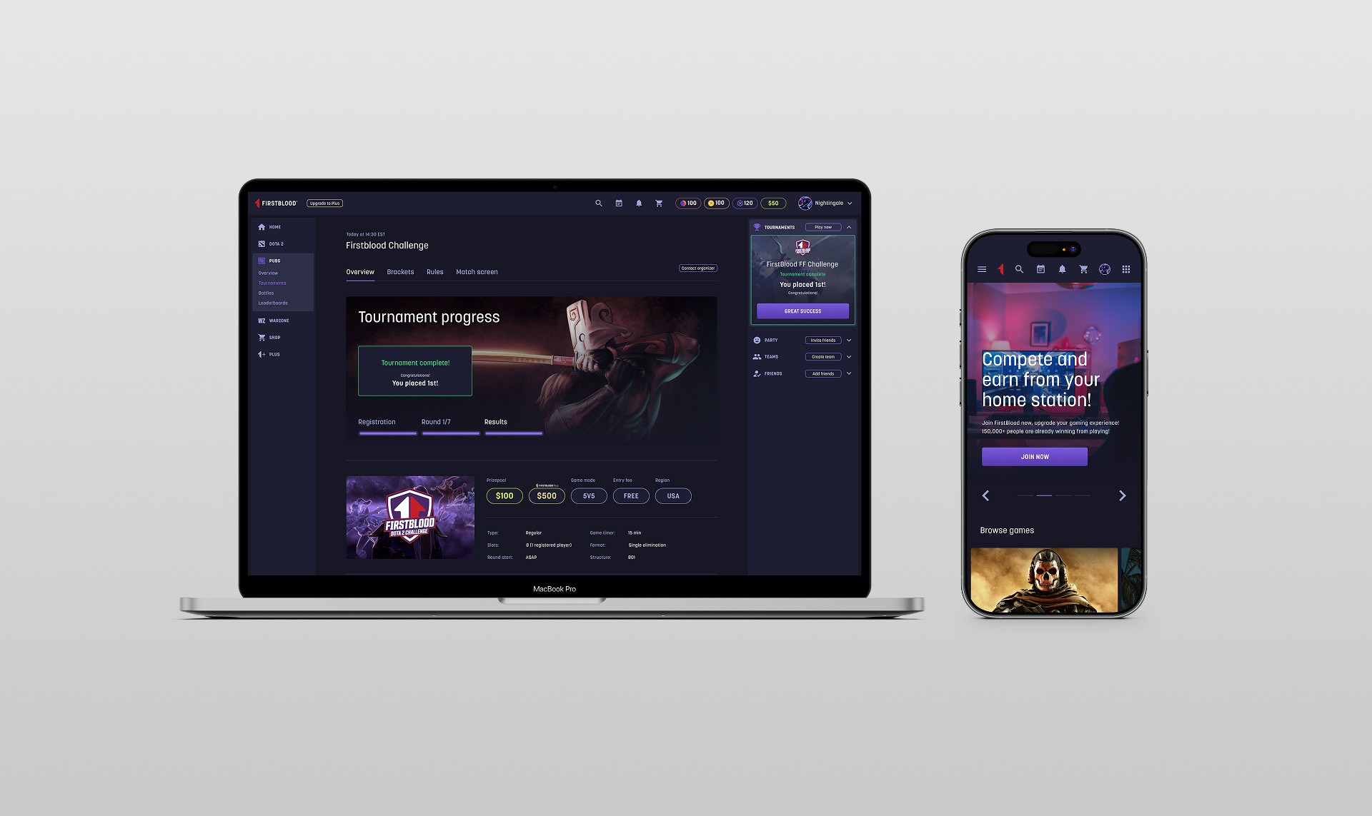 FirstBlood desktop tournament progress with PUBG challenge completion alongside mobile landing page with game browser
