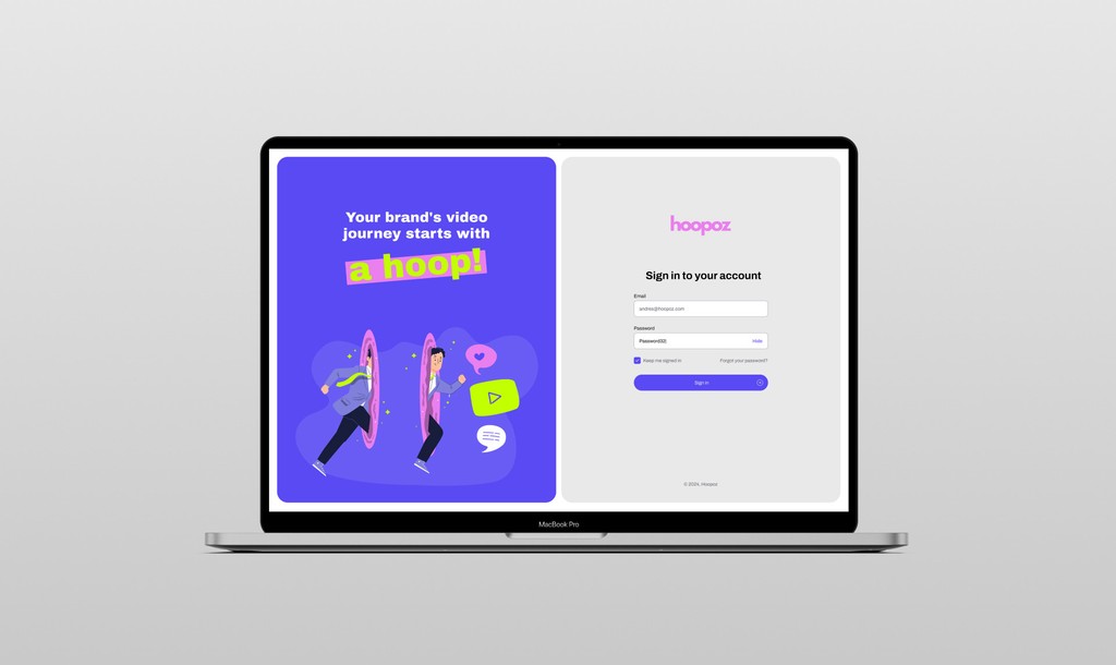 Hoopoz — AI video platform showing sign-in page with illustrated brand visuals