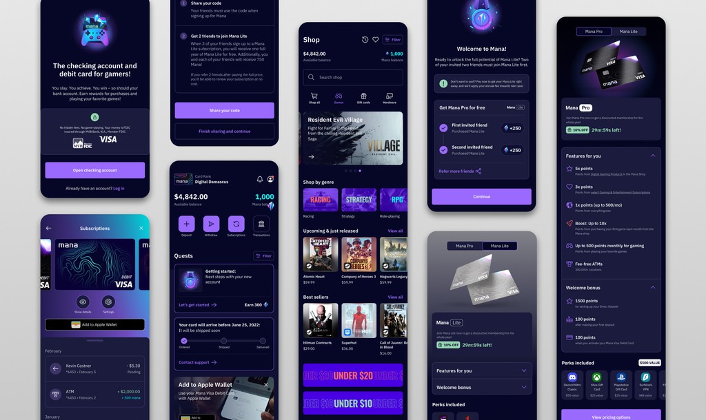 Mana iOS screens showing onboarding, balance, subscriptions, shop, quests and Apple Wallet integration