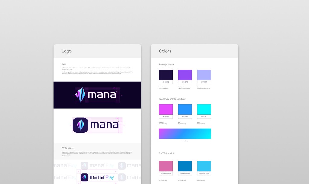 Mana brand identity — logo grid with white-space rules, primary purple palette and secondary gradient swatches for print and screen