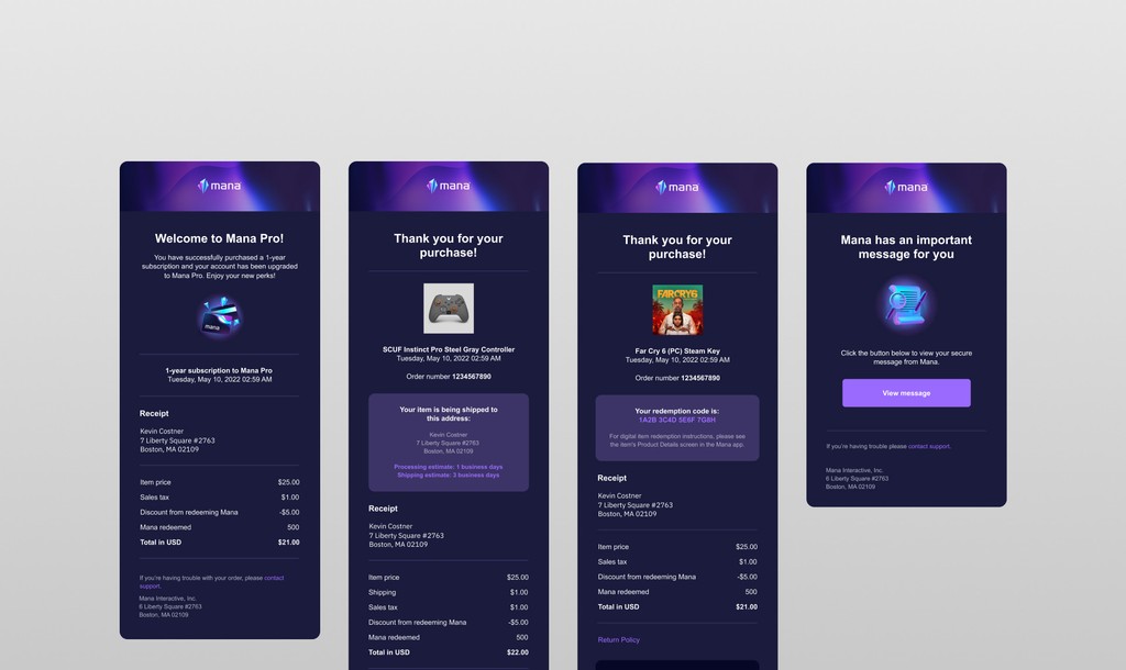 Mana transactional emails — welcome, purchase receipt, shipping confirmation and secure message templates
