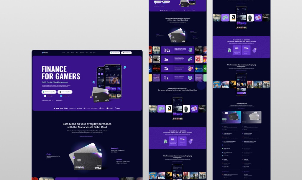 Mana marketing website — hero with debit card, rewards tiers, game shop and plan comparison across desktop and mobile