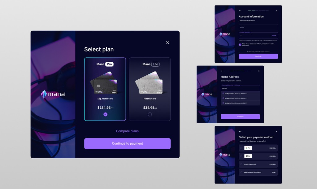 Mana onboarding flow — plan selection with Pro and Lite cards, account creation, address entry and payment method screens