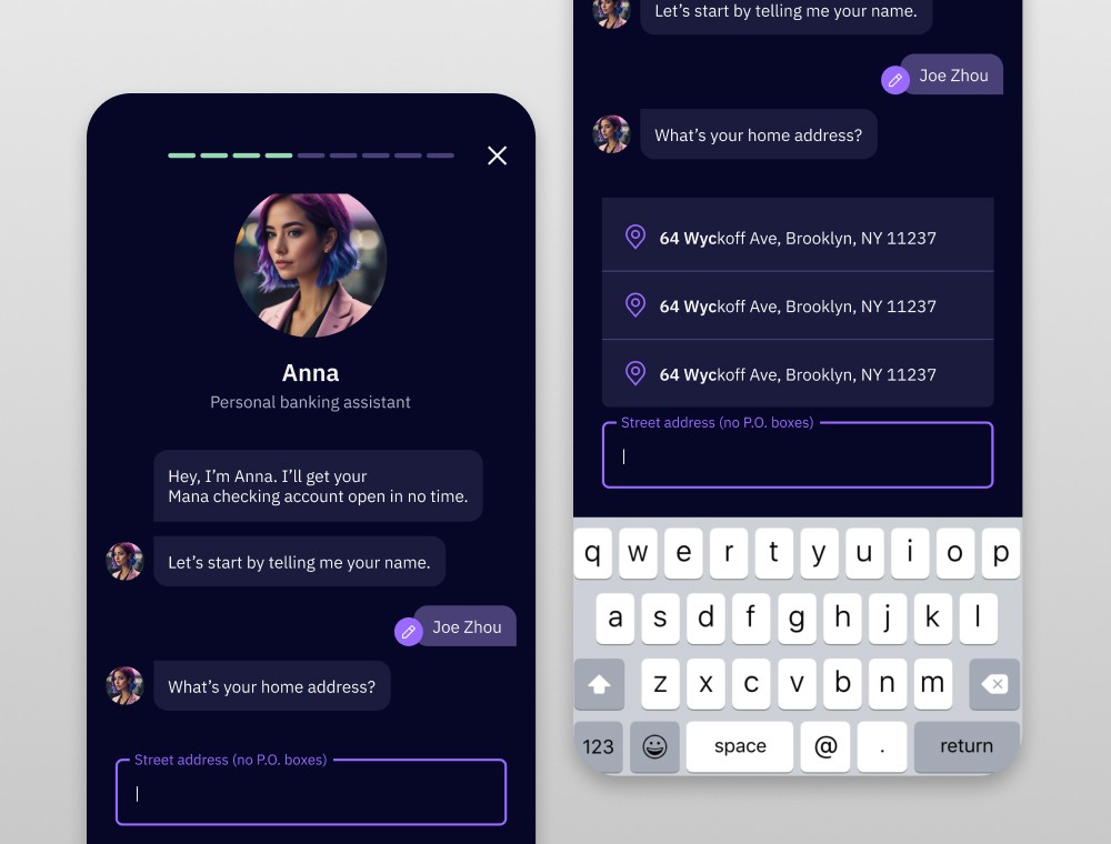Mana AI onboarding assistant Anna — conversational chatbot guiding users through account setup with address autocomplete