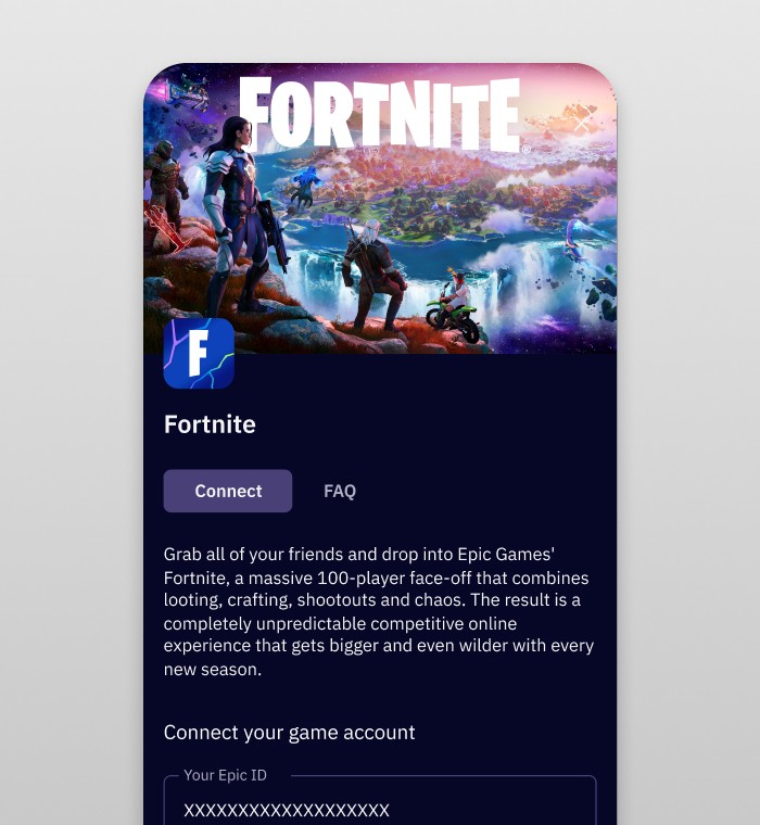 Mana Fortnite game connection screen with Epic ID input and game description
