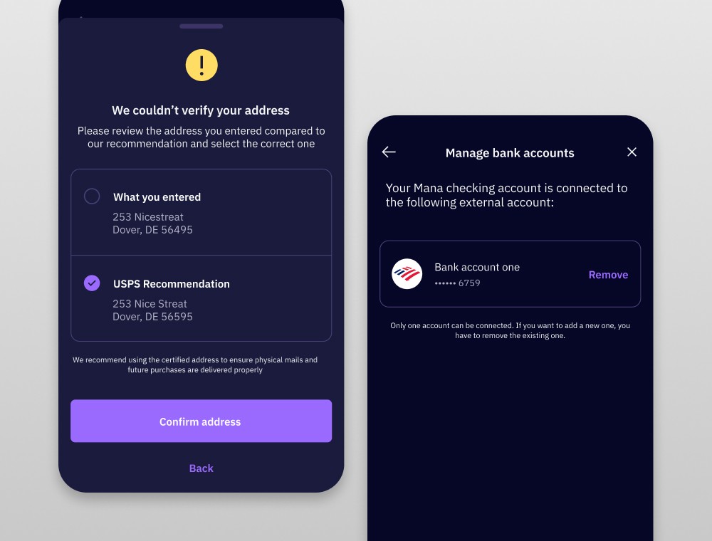 Mana address verification step and a Manage bank accounts screen with external linking