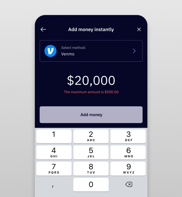 Mana add money screen with Venmo payment method, amount keypad and validation
