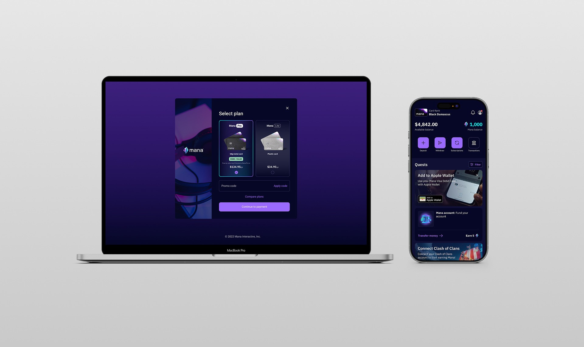 Mana desktop plan selection screen alongside mobile wallet showing balance, quests and Apple Wallet integration