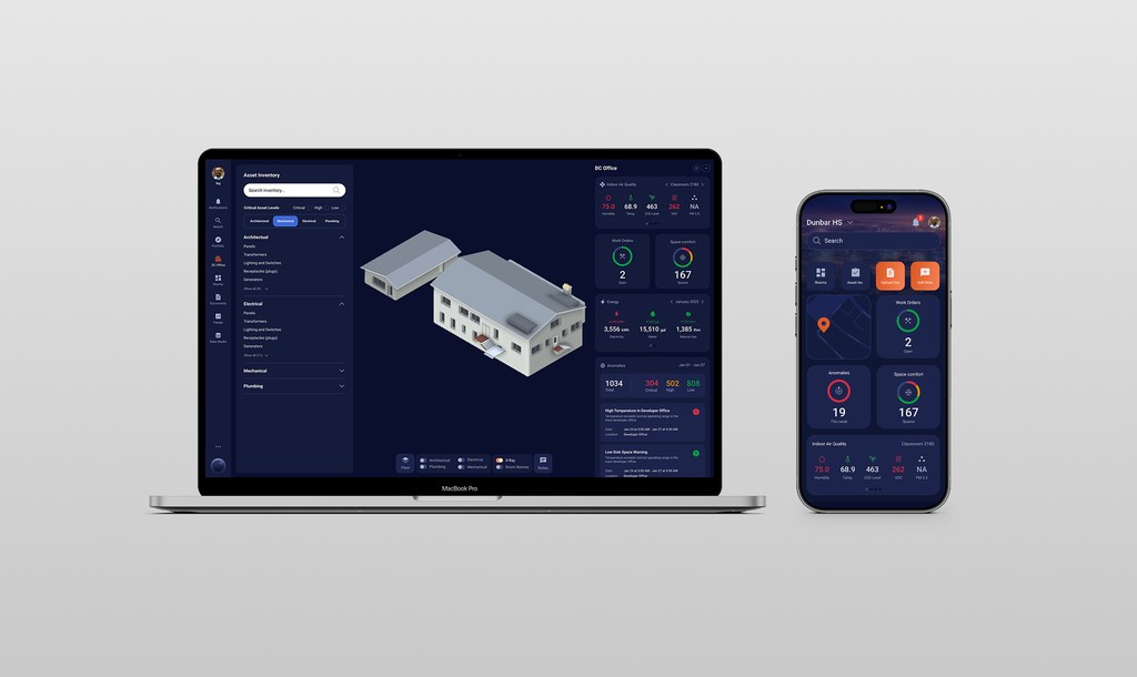 Syyclops — AI Digital Twin platform showing 3D building model with asset inventory and monitoring dashboard