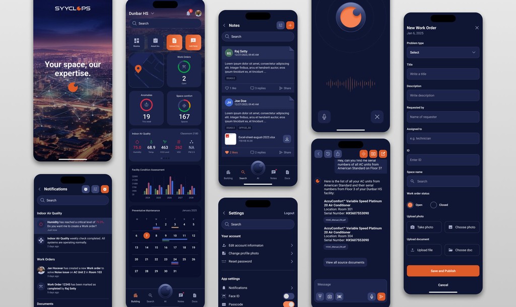 Collection of Syyclops mobile screens showing notifications, work orders, voice AI and indoor air quality panels