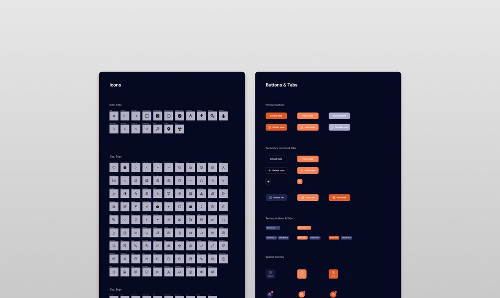 Syyclops design system showing the icon set and primary/secondary/tertiary button states on a dark canvas