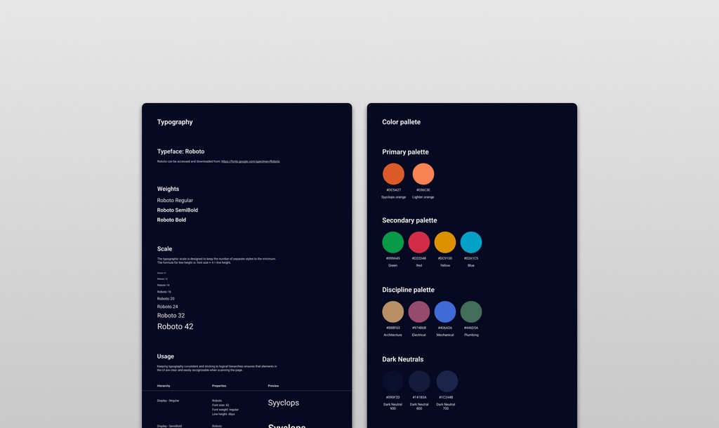 Syyclops design system — Roboto typography scale and usage guidelines alongside color palette with primary, secondary, discipline and dark neutral tokens