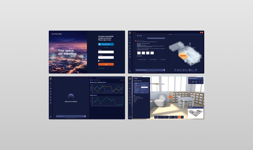 Syyclops web platform — login screen, 3D room view with work order, AI Engineer analytics and space comfort overview