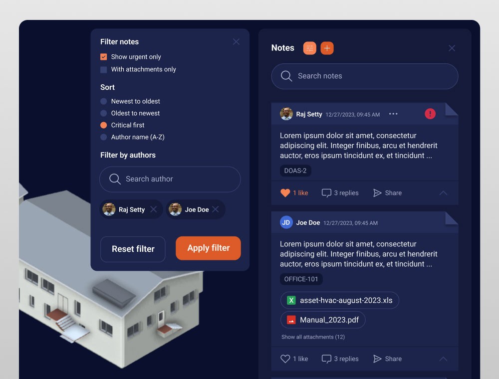 Syyclops notes panel with filter options and collaborative discussion thread attached to building assets
