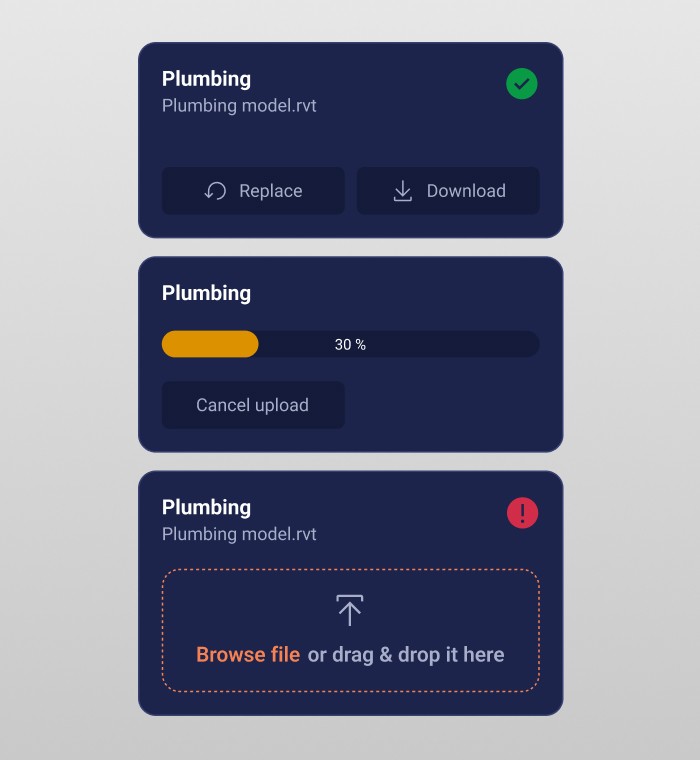 Syyclops Revit model upload states — completed, in progress and browse-to-upload for plumbing discipline