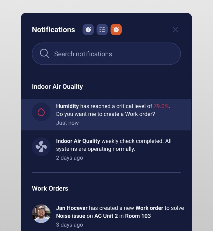 Syyclops Notifications panel with indoor air quality alerts and a new work order assigned to a technician