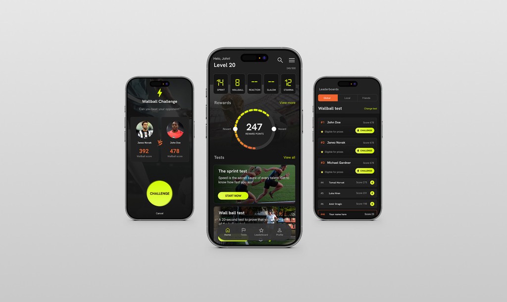Talentive — Football talent app showing player challenges, stats dashboard, and leaderboards across three mobile screens